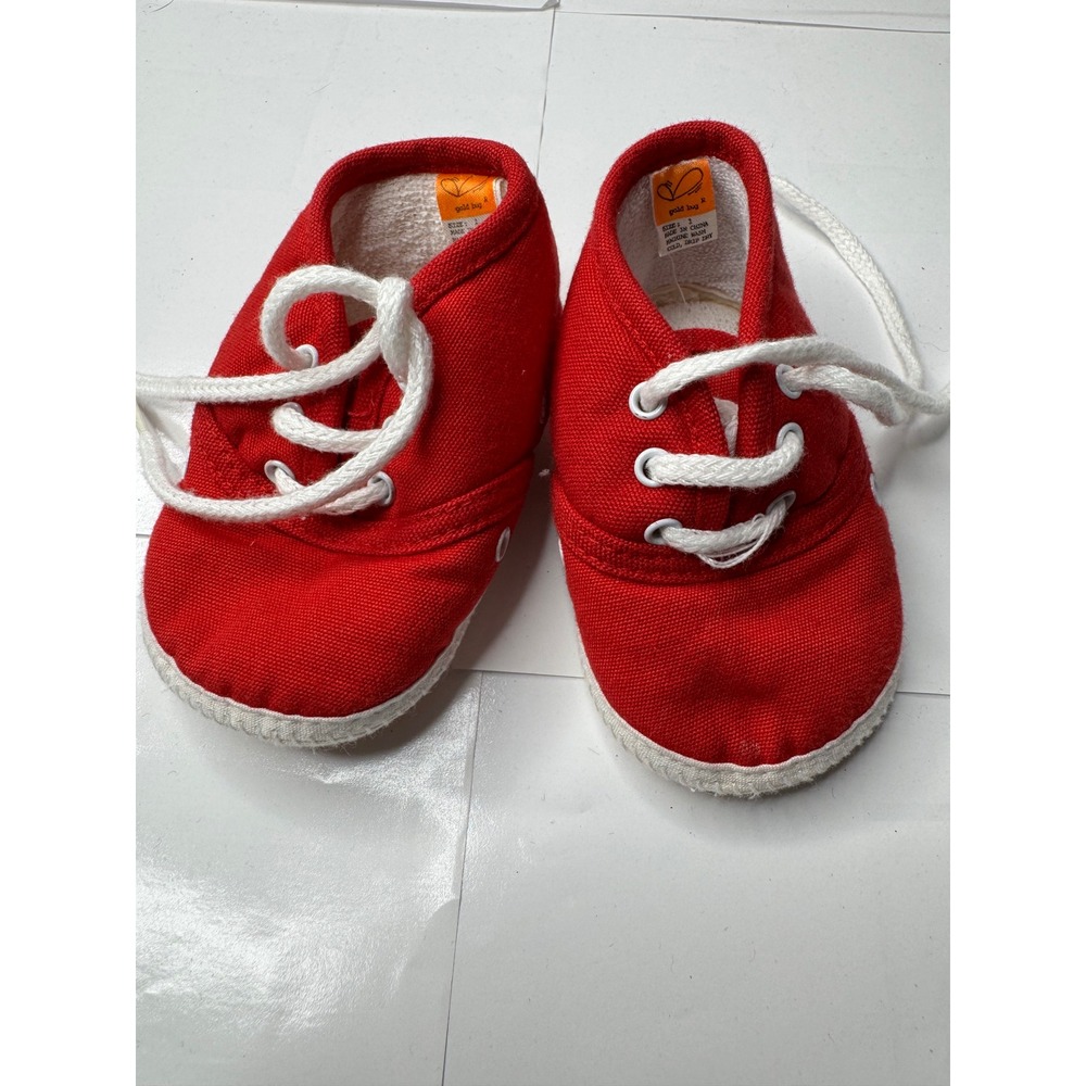 Gold Bug Baby Boys Red Canvas Soft‎ Sole Crib Shoes Sneakers Size 1